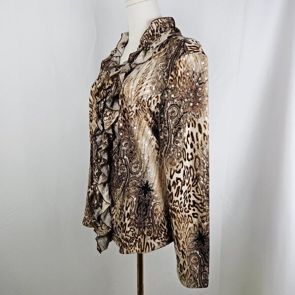 Clara Sunwoo Leopard Ruffle Blouse Long Sleeve Zip Sequin Large Mob Wife - Picture 4 of 8